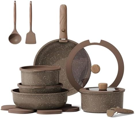 CAROTE 17PCS Pots and Pans Set Non Stick with Detachable Handle, Nonstick Cookware Sets, Cooking Kitchen Set, Oven/Dishwasher Safe, Induction Cookware, Brown, RV Kitchen Pot and Pan