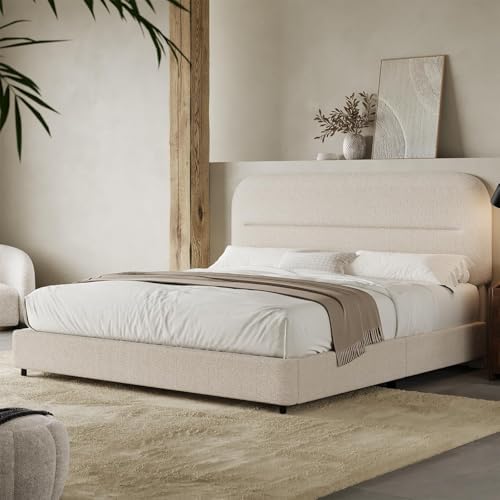 Queen Bed Frame with Headboard, Boucle Upholstered Soft Platform Bed Frame with Thickened Footboard, Rounded Corners Design, No Box Spring Required, Easy Assembly, Cream