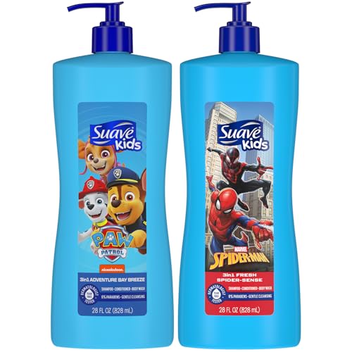 Suave Kids 3-in-1 Variety 2-Pack – Spiderman Fresh Spider-Sense & Paw Patrol Adventure Bay Breeze, Shampoo, Conditioner & Body Wash, 28 Oz Ea