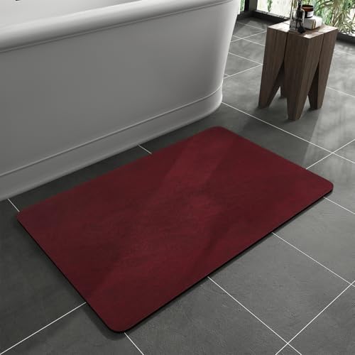 MontVoo -Bath Mat Rug-Rubber Backing Non Slip Quick Dry Absorbent Thin Bathroom Rugs Fit Under Door-Faux Suede Surface Bathroom Floor Mats-Shower Rug for in Front of Bathtub Shower Burgundy 17"x27.5"
