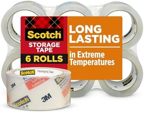 Scotch Long Lasting Storage Packaging Tape, 1.88" x 54.6 yd, Designed for Storage and Packing, Stays Sealed in Weather Extremes, 3" Core, Clear, 6 Rolls (3650-6) (Pack of 6)