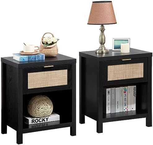 SICOTAS Rattan Night Stands Set of 2, Farmhouse Nightstand Bedside Table with Drawer and Storage Shelf, Boho End Side Table for Bedroom, Small Space, Black Oak