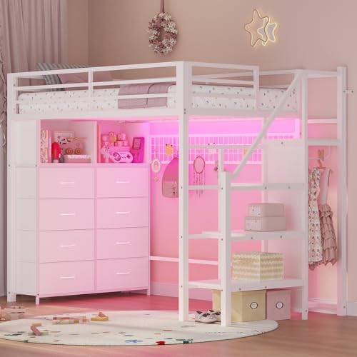 ADORNEVE Twin Size Loft Bed with Storage Stairs, 8 Drawers, Metal Kids Loft Bed Twin with LED Lights, Power Outlet, Shelves and Wardrobe, 13" H Safety Guard & Ladder,Large Under-Beds Space, White