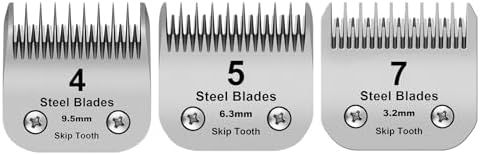 7+5+4 Skip tooth Detachable Pet Dog Grooming Steel Blades Set,Compatible with Andis,Oster A5,Wahl KM10 Series Clippers,Cut Length 1/8"(3.2mm) to 3/8”(9.5mm),3 Pack