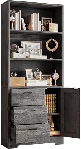 IRONCK Bookshelf with Door and 3 Drawers, 71in Tall Bookcase Shelf with 3-Tier Shelves, for Bedroom Living Room Entrance Hallway Home Office