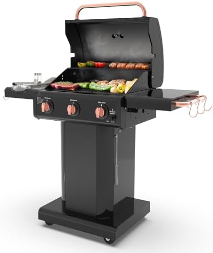 Kenmore 3-Burner Gas Grill | Foldable Side Tables, Cast Iron Cooking Grates, Warming Rack, Hooks for BBQ Grilling Tools, Propane Gas Barbecue Grill, 30,000 BTUs, Black with Copper Accent