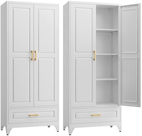 75" Kitchen Pantry Cabinet with Drawer, Metal Storage Cabinets with Doors and 4 Adjustable Shelves,White Kitchen Cabinet with 2 Gold Handles,Food Cupboard for Livingroom,Pantry, Bathroom