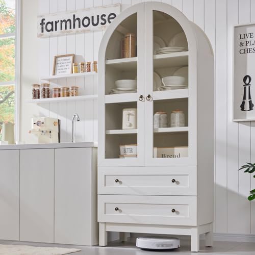 71" Tall Arched Kitchen Pantry Cabinet, Wood Kitchens Storage Cabinets with 2 Large Drawers and Adjustable Shelves, Modern Farmhouse Versatile Cupboard for Kitchen, Dining Room, Bathroom, White