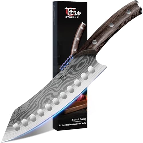 Japanese Kitchen Knife, 8.2 Inch Chef Knife, Carbon Steel Kiritsuke, Razor Sharp Santoku for Precision Cutting, Damascus Pattern, Full Tang Wood Handle,Thanksgiving Christmas Cooking Gifts