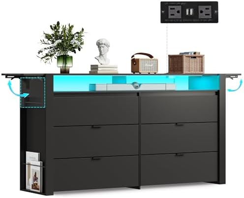 WLIVE 78 Inch Dresser for Bedroom, Large Chest of Drawers Expandable Black Wood Dresser from 5'3" to 6'5'' with Flexible Shelves and Hanging Rack, Led Dressers for Living Room (85'' TV)