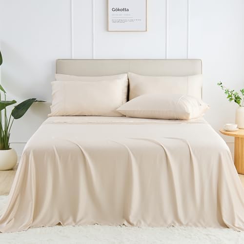 GOKOTTA King Size Bed Sheets 6 Piece Set, Ultra Soft Sheets, Cooling for Hot Sleepers - Hotel Luxury Silky Breathable Sheets, Deep Pocket Up to 16" - 100% Rayon Derived from Bamboo (Light Beige)