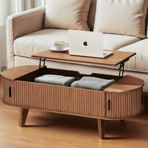 Oval Lift Top Coffee Table with Storage, 47.2" Mid Century Modern Living Room Center Table with 180° Sliding Tambour Door, Wood Fluted Coffee Table for Home Office, Walnut