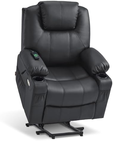 MCombo Power Lift Recliner Chair for Elderly, Lift Chair with Heat and Massage, FSC Certified, USB Ports, Cup Holders, Faux Leather 7040 (Black, Medium)
