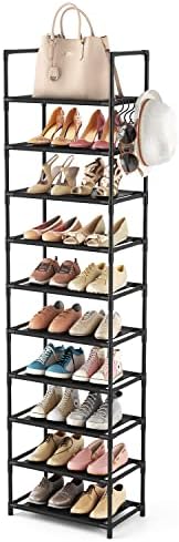 10 Tiers Tall Shoe Rack 20-25 Pairs Boots Organizer Storage Sturdy Narrow Shoe Shelf for Entryway, Closets with Hooks, Black