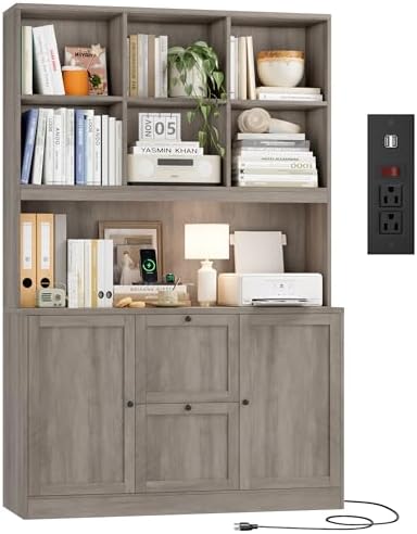 HIFIT 72'' Tall File Bookcase with Power Outlet & Printer Stand, 2 Drawer Filing Cabinets for Home Office Hanging A4 File, Storage Cabinet w/ 3 Tier Open Book Shelf & Doors for Living Room, Ash Grey