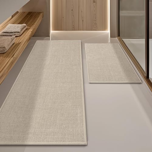 YIHOUSE Beige Bathroom Rug Sets 2 Piece, Absorbent Bath Mat for Bathroom Non Slip Washable, Bath Room Mat Quick Dry, Thin Bath Rug Set for Toilet and Floor(17"x24"+17"x47")