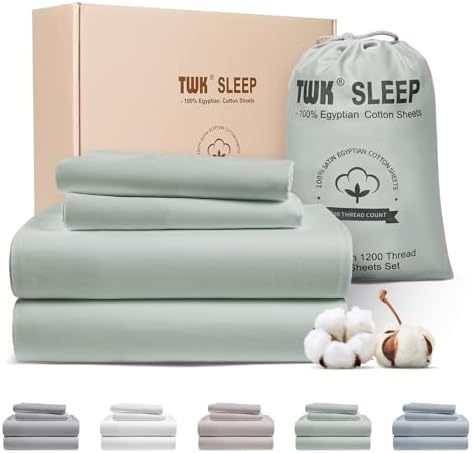 TWK 1200 TC 100% Egyptian Long-Staple Cotton Bedding Sheets Set, Luxury Hotel Style Deep Pocket with Elastic Reinforced Seams Sheet Set, Soft & Comfy Natural Sheets (Mineral, King)