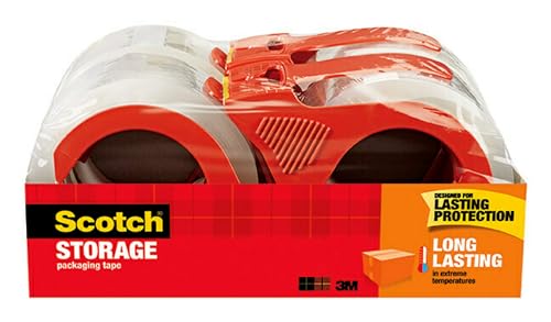 Scotch Long Lasting Storage Packing Tape, Clear, Withstands Extreme Temperatures, 1.88 in x 38.2 yd, 4 Rolls and 4 Dispensers