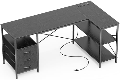 Huuger L Shaped Office Desk with Power Outlets, 55 Inch Computer Desk with 3 Drawers, Shelves, Reverisble for Gaming Corner Work Home Office Study, Black