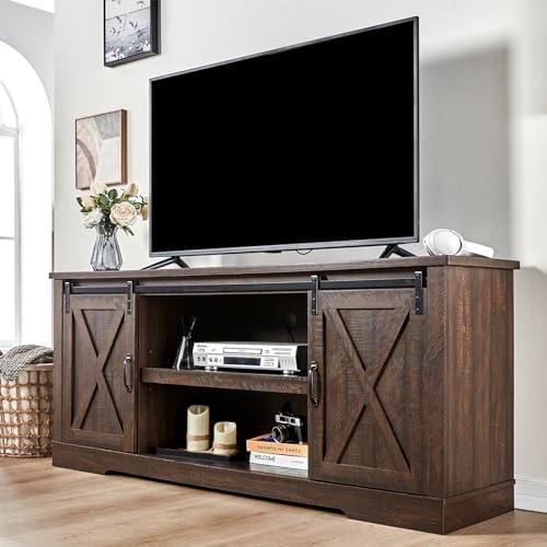 AMERLIFE 66" Farmhouse TV Stand for 75 Inches TVs, Entertainment Center with Sliding Barn Door and Adjustable Shelf & Feet, Console Table with Storage, Reclaimed Barnwood