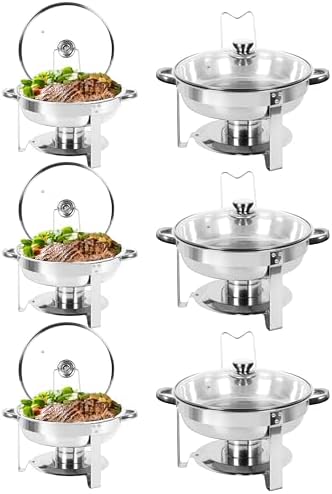 IMACONE Chafing Dish Buffet Set of 6, 5QT Round Stainless Steel Chafer for Catering, Upgraded Chafers and Buffet Warmer Sets with Glass Lid & Holder, Frame, Fuel Holder for Event Party Wedding Holiday