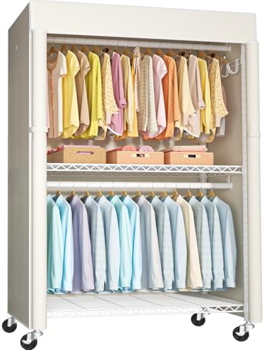 FUTASSI White Clothing Rack with Beige Cover, P1C Plus Rolling Closet with Wheels, Metal Garment Rack for Hanging Clothes, Clothing Storage Wardrobe, 46" W x 18.5" D x 80.7" H, Load 524 Pounds