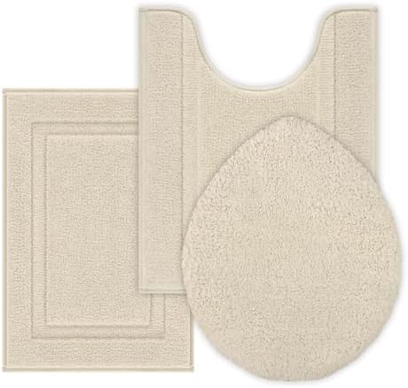 SHACOS Microfiber Bathroom Rugs Set of 3 with Toilet Lid Cover Non Slip Washable Bath Mat Absorbent Bathroom Carpet 16"x24"+U Shape Toilet Rug 20"x24"+Toilet Lid Cover 19"x21", Light Beige