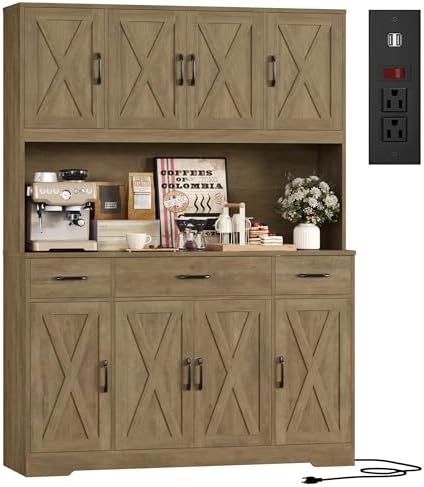 HOSTACK 71" Tall Kitchen Pantry Storage Cabinet with Charging Station, 55" Wide Kitchen Hutch Cabinet with Large Countertop, Farmhouse Food Pantry with Drawers for Living Room (Rustic Brown)