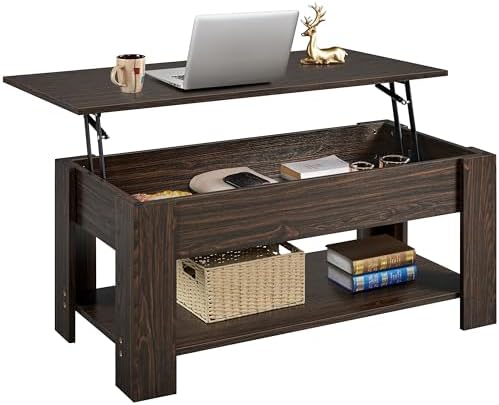 Yaheetech Lift Top Coffee Table with Hidden Compartment and Storage Shelf, Rising Tabletop Dining Table for Living Room Reception Room, 47.5in L, Espresso