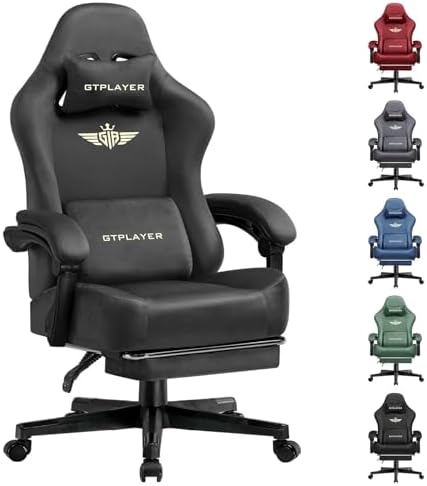 GTPLAYER Gaming Chair Fabric with Pocket Spring Cushion, Big and Tall Gamings Chairs 350LBS High Back Computer Chair with Footrest for Adults Lumbar Support Swivel Game Chair for Office Dark Grey