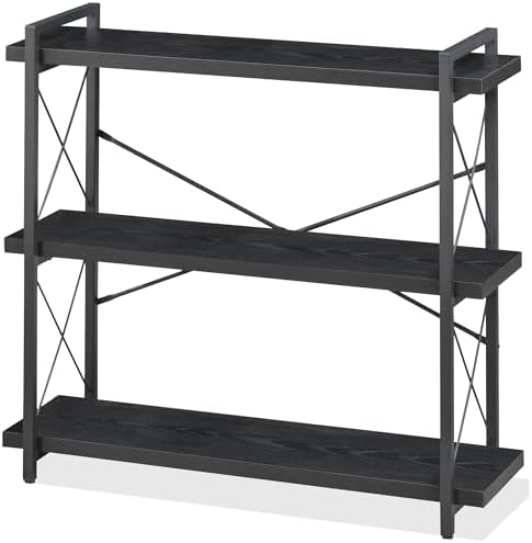 HCHQHS Bookshelf, 3-Tier Industrial Bookcase, Black Open Book Shelf, Freestanding Horizontal Bookshelves with Metal Frame