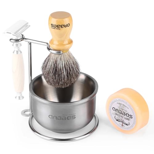Anbbas Badger Hair Shaving Brush with Wood Handle,Stainless Steel Razor and Brush Stand, Shaving Bowl with Shaving Soap Bar 4in1 Set for Men Wet Shave