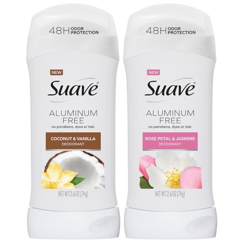 Suave Aluminum-Free Deodorant Variety 2-Pack β Coconut & Vanilla + Rose Petal & Jasmine, 48H Odor Protection, Free of Parabens, Dyes & Talc, 2.7 Oz Ea