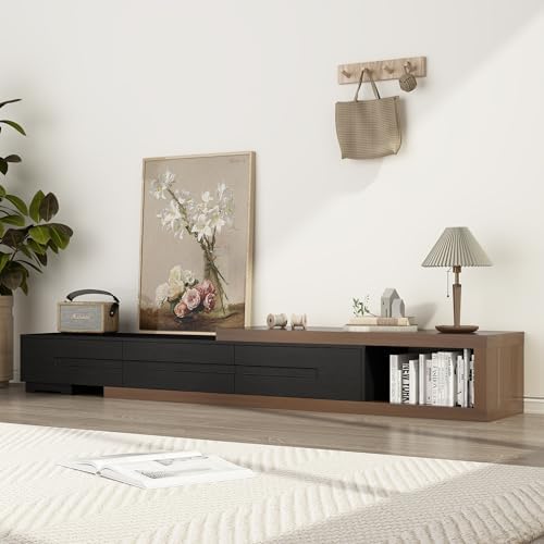 Extendable TV Stand, Modern Entertainment Center for Up to 120 Inch TV, Wood Reversible TV Media Console with 3 Drawers for Living Room Bedroom, 82-110"(Black& Walnut)