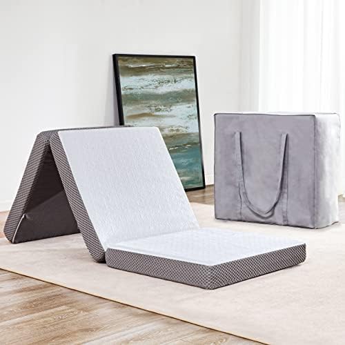 Kingfun Foldable Mattress 4 Inch Folding Mattress Tri-fold Gel Memory Foam Breathable with Storage Bag, Portable Floor Guest Bed Soft for Sleeping Camping, Gray, Twin Size