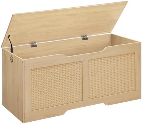 HOOBRO Storage Bench, 43.3" Toy Box, Rattan-Like Storage Chest, Sturdy Entryway Bench Supports 220 lb, Toy Chest, Safety Hinge, U-Shaped Opening, Easy Assembly, Natural NL22CW01