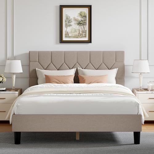 Novilla Full Size Bed Frame, Full Bed Frame with Wood Slats Support, Linen Upholstered Pull-Point Headboard, No Box Spring Needed, Heavy Duty Feet, Easy Assembly, Beige
