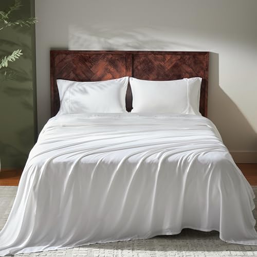 GOKOTTA King Size Sheets Set 4 Pcs,100% Rayon Derived from Bamboo,Cooling Sheets King Size for Hot Sleepers,16 Inch Deep Pocket King Sheets with Elastic Corner Straps, Silky Soft -Bright White