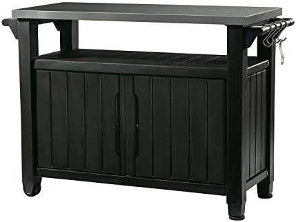 Keter Unity XL Portable Outdoor Table with Stainless Steel Top for Kitchen Prep and Outdoor Storage Cabinet for Grilling Accessories, Dark Grey