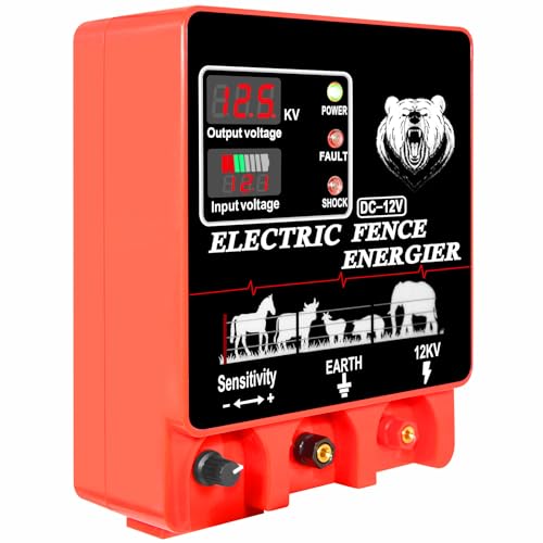 9J Electric Fence Charger Energizer, 9 Joules 400 Acres, AC DC 2 in 1 Powered Supply, Input 12V Output 12KV, with Display Alarm and Remote, Deter Predators, Contain Cattle Cow and Livestock