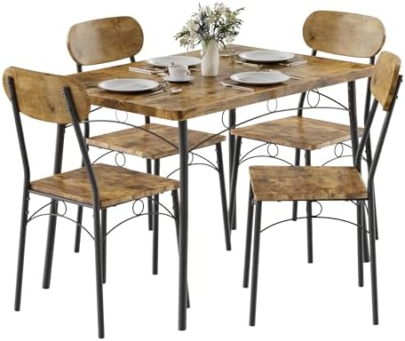 VECELO Dining Table Set for 4, 5-Piece Kitchen Table with 4 Chairs, MDF Board Tabletop with Metal Frame for Small Space, Compact Dinette, Breakfast Nook, Rustic Brown