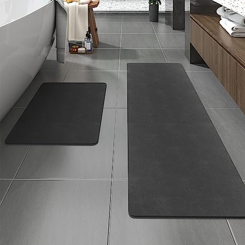 MontVoo -Bath Mat-Rubber Backing Non Slip Quick Dry Absorbent Thin Bathroom Rugs Fit Under Door-Faux Suede Surface Bathroom Floor Mats-Shower Rug for in Front of Bathtub Shower Dark Grey Rug Set