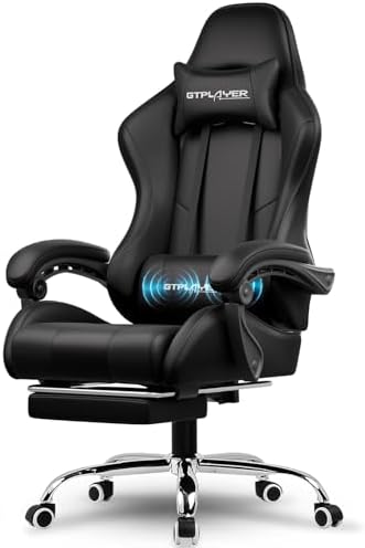 GTPLAYER Gaming Chair, Computer Chair with Footrest and Lumbar Support, Height Adjustable Game Chair with 360Β°-Swivel Seat and Headrest and for Office or Gaming (Faux Leather, Black)