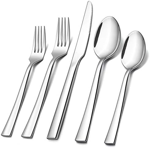 E-far 60-Piece Silverware Set, Stainless Steel Flatware Set Service for 12, Tableware Cutlery Set for Home Restaurant Party, Dinner Forks/Spoons/Knives, Square Edge & Mirror Polished, Dishwasher Safe