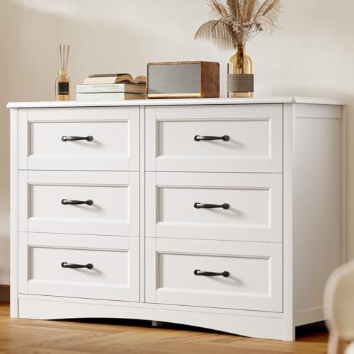 Gizoon 6 Drawer Dresser for Bedroom,47'' Larger Chest of Drawers with Mental Handle for Kids Room, White Dresser with 6 Storage Drawers for Living Room, Entryway and Hallway, White