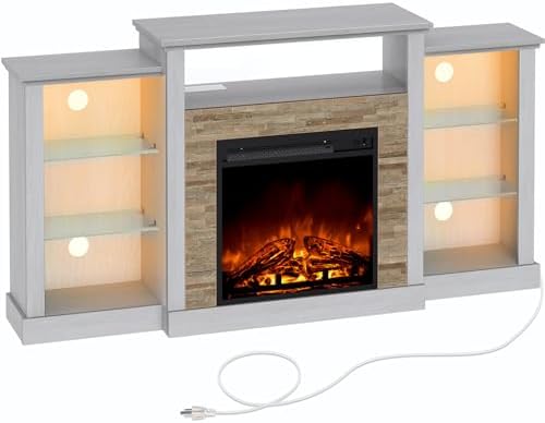 Rolanstar Fireplace TV Stand with LED Lights and Power Outlets, TV Console for 32" 43" 50" 55" 65", Entertainment Center with Adjustable Glass Shelves, Ivory White