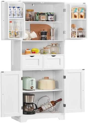 TEENFON Kitchen Pantry Cabinet with Adjustable Shelf, Tall Storage Cabinet with 2 Drawers & 4 Door Shelves, Food Pantry Cabinets, for Kitchen, Dining Room, Living Room, White