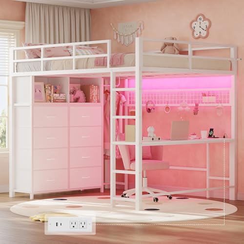 ADORNEVE Loft Bed Full Size with Desk and 8 Storage Drawers, LED Metal Loft Bed with Power Outlet, 2 Shelves & Clothing Rack, Bed with Safety Guardrail & Ladder,Space-Saving, White