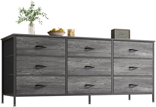 Huuger Long Dresser for Bedroom, 55 Inch TV Stand for 55, 60 Inch TV, Entertainment Center with Drawers, Large Storage Fabric 9 Drawer Dresser, Closet, Grey