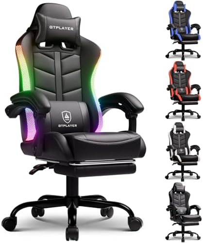 GTPLAYER RGB Gaming Chair with Footrest, Computer Gaming Chair with LED Lights for Adults, Height Adjustable PC Gamer Chair with 90-155° Recline & Removable Headrest Lumbar Support, RGB Black